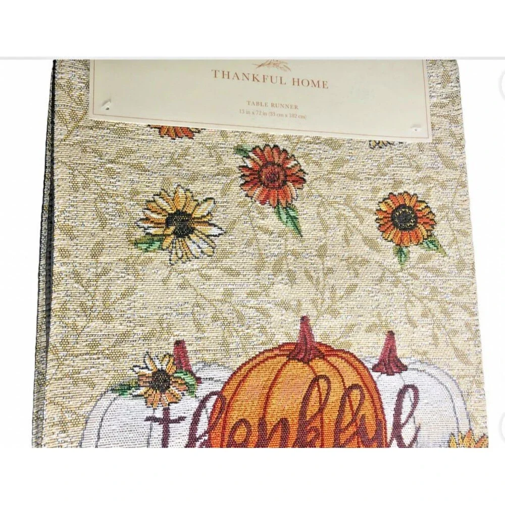 Thanksgiving Table Runner Tapestry Thankful Pumpkin Sunflower Leaves 13x72 Fall
